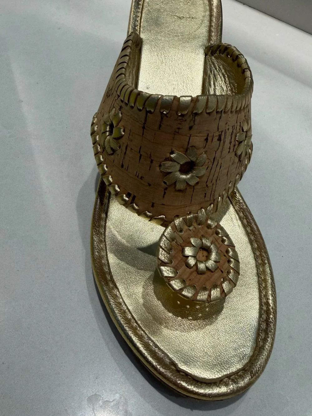 Metallic Gold Cork Wedge Sandals with Floral Accent